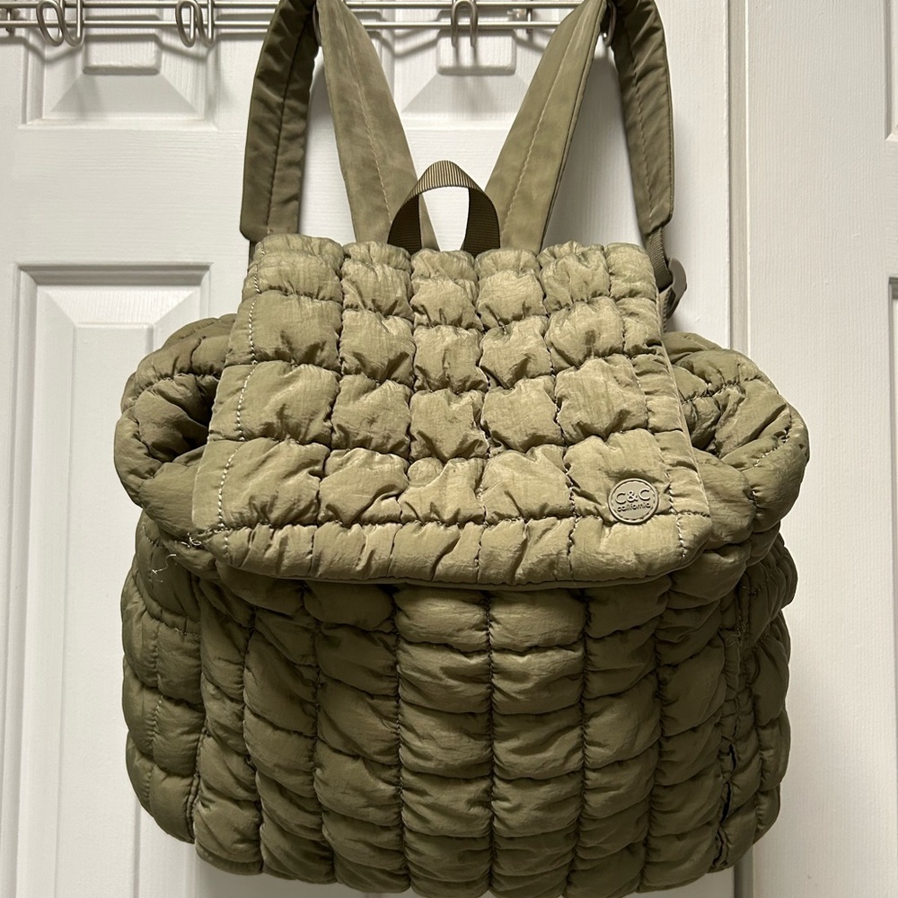 Anthropology Style Olive Puffer Quilted Backpack, drawstring top, then Foldover